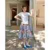 Pintura al Óleo Azul Dopamina Estampado Floral Falda Media Verano para Mujer Impresionante Conjunto de Falda Media y Top para Vacaciones en la Costa