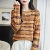 Suéter Tejido de Rayas Degradadas Retro Francés para Mujer Cuello Redondo Manga Larga Top Elegante Capa Base Cálida Suéter Versátil