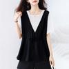 Camiseta de fundo de manga curta de duas peças falsas projetada para mulheres no verão, tamanho plus size, modelagem para emagrecer, cobre a barriga, saia cintura alta, top
