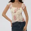 Blusa de Renda Floral com Gola Quadrada Estilo Francês e Mangas Curtas Leves para Mulheres, Barra Irregular, Cintura Ajustada, Camiseta Curta Slim Fit, Novo Estilo