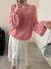 Suéter de mohair con lentejuelas, manga de farol, cuello redondo para mujer, suave y holgado, con un toque de lujo ligero, top de punto base