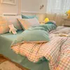 Juego de Cuatro Piezas de Algodón Puro Lavado Estilo Sueño Nude, Sábana Bajera y Funda Nórdica Estilo Ins Amigables con la Piel, Juego de Tres Piezas de Sábana Bajera para Cama de Dormitorio Fresco Pequeño