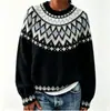 Suéter Fair Isle de cuello redondo holgado talla grande color block tejido jacquard para mujer nuevo de otoño e invierno transfronterizo europeo y americano