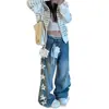 Calça jeans azul para mulheres, modelagem solta, perna larga, corte reto, lavada, design retro americano