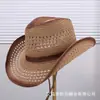 Sombrero vaquero de paja tejida con diseño calado estilo retro americano para hombre y mujer, sombrero vaquero versátil para protección solar de verano