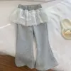 Calça Casual para Meninas de Primavera e Outono, Conjunto Elegante de Duas Peças Estilo Coreano para Crianças com Barra Flare e Acabamento em Renda