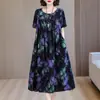 Camisola de Algodão e Seda para Mãe, Tamanho Grande, Caimento Solto, Vestido de Viscose para Meia-Idade e Idosos, Manga Curta com Bolsos, Roupa de Casa