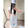 Pantalones Casuales Azules de Dos Piezas Falsas para Mujer Primavera y Verano Puntada de Encaje Holgados Rectos de Pierna Ancha Estilo Ballet Rayados Pantalones de Moda