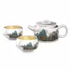 Juego de Té Kung Fu de Plata Dorada - Una Tetera y Dos Tazas, Diseño de Paisaje Pintado a Mano, Caja de Regalo de Tetera y Taza de Té Estilo Chino, Regalo Empresarial