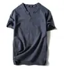 2026 Verão Novo Estilo Camiseta Masculina de Linho Japonês Manga Curta Algodão-Linho Manga Meia Cor Sólida Tamanho Grande Camiseta de Dois Botões