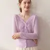 Cárdigan de Punto de Cachemira para Mujer de Encaje de Color Sólido Retro Francés Holgado Adelgazante Moda Versátil Top Suéter Ropa Exterior
