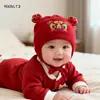 Gorro de Año Nuevo para Bebé Invierno Rojo Carácter de la Fortuna Cálido Cortavientos Unisex Tejido de Lana Gorro con Orejeras para Bebé
