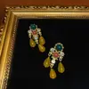 Estilo Occidental Chapado en Cobre Antiguo con Oro de 18 Quilates, Color Dorado Vintage con Adornos de Piedra Natural en Forma de Gota Amarilla, Estilo Araña con Borlas