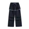 Pantalones Cargo de Primavera para Niñas 2026 Nuevo Estilo Panel Trasero con Adorno de Encaje para Niños Pantalones Casuales Sueltos de Retazos Azul Marino para Niños Grandes