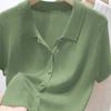 Suéter Cárdigan de Punto Estilo Old Money Verde Cuello Polo para Mujer Verano 2025 Nuevo Estilo Coreano Holgado Adelgazante Camiseta de Manga Corta Top
