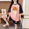 Conjunto Casual de Verão Novo de Duas Peças com Letras Estampadas na Moda, Blusa de Manga Curta e Shorts com Emenda, Tamanho Grande, Solto, Emagrecedor, para Mulheres
