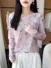 Camiseta larga de manga larga estilo francés, suave y elegante, con estampado de acuarela tipo tinta, cubierta de malla versátil con protección solar, top para aire acondicionado, moderno