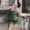 Lencería Sexy Encanto de Serpiente Verde Cheongsam Cos Sexy Escote Halter Chal Malla Transparente que Cubre la Cadera Vestido 308-1