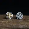 Brincos Ouyu Íris Modernos Personalizados Pequenos Redondos Retro Flor Antiga Cruz Joias Presentes para Homens e Mulheres