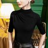Camisa de otoño con cuello vertical para mujer, de media manga, de seda brillante, de corte entallado y manga corta.