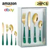 Venta al por mayor Transfronterizo 1010 Cubiertos de Acero Inoxidable Cuchillo, Tenedor, Cuchara Juego de 24 Piezas en Caja de Regalo Cuchillo y Tenedor de Acero Inoxidable Dorados para Bistec Estilo Occidental