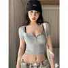 Camiseta de Manga Corta con Cuello Semiabierto para Mujer Verano Estilo Coreano Ajustada Sexy Chica Picante Corta Muy Corta Ajustada Top Cropped Ins