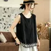 Estilo verão, tamanho grande, mistura de algodão e linho, bainha bordada, colete sem mangas, modelagem solta, respirável, adequado para o trabalho ou uso casual, camiseta feminina