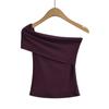 24052-24 Primavera Novo Estilo Europeu e Americano Puro Lazer Inclinado Ombro Fino Spice Girl Design Sense Slim Fit Camiseta Curta