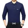 Camiseta masculina de manga longa para primavera e outono, com gola virada, bolso de trabalho, top casual slim fit de gola redonda, camisa Polo