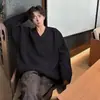 Nova coleção outono/inverno 2025: Suéter de tricô casual retrô americano, gola V de caimento relaxado, peça de outer wear de cor sólida para homens