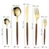 Cubiertos de Madera con Mango Transfronterizo Portugués, Cuchillo de Acero Inoxidable 430, Tenedor, Cuchara, Imitación de Grano de Madera, Vajilla Estilo Occidental, Cuchillo para Bistec, Tenedor de Postre