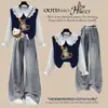 Conjunto de estilo preppy para niña para primavera y otoño: un conjunto nuevo, dulce y lindo de chaleco y camisa de dibujos animados, combinado con jeans - un conjunto de tres piezas