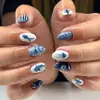 Unhas Vestíveis Amêndoa Azul Marinho Arte de Unha com Vida Marinha Tubarão-Baleia Água-Viva Estrela-do-Mar Estilo Dança Unhas Postiças Destacáveis