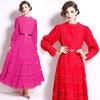 2024 Nuevo Exportación Europea y Americana Ropa de Mujer Vestido Falda Elegante con Encaje Cortado Cuello Redondo Manga de Linterna Mono Largo