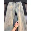 Jeans Vintage Lavados en Azul con Salpicaduras de Tinta para Hombre, Estilo High Street Americano de Otoño, Pantalones Rectos Acampanados Frescos y Elegantes