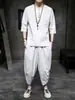 Conjunto de ropa para hombre 'Cross-border Wish': Nuevo conjunto de dos piezas estilo chino: top de manga tres cuartos abotonado de imitación de algodón y lino y pantalones largos casuales holgados
