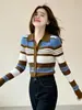 Cardigan de Tricô Gola Polo Listrado Color Block Estilo Coreano Feminino Outono Novo Retrô Emagrecedor Suéter Versátil Top A14546