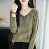 Suéter de Punto de Lana con Bloques de Color Cuello Redondo Semiabierto para Mujer Otoño Invierno Nuevo Agradable a la Piel Versátil Ajustado Rayado Capa Base Suéter Moderno