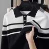 Fábrica de suéteres de punto a rayas con cuello Henry de marca de moda de venta caliente transfronteriza, prendas de punto para hombre directamente del fabricante