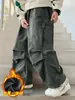 Z1309 Calça Reta Solta de Cashmere Inteiriça para Meninos Yang Inicial Forrada com Lã Inverno Calças Casuais para Crianças de Tamanho Médio e Grande Barra de Calça Tendência