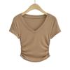 Estilo europeu e americano verão com decote em V manga curta cor sólida elástico algodão slim-fit emagrecimento t-shirt curto umbigo plissado