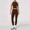 Conjunto de Yoga Zechuang de Tacto Natural para Mujer, Manga Corta Cuello Redondo, Pantalones Largos de Cintura Alta, Alta Elasticidad Ajuste Delgado Ropa Deportiva de Fitness 2567