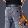 Jeans grosso forrado com fleece popular masculino outono e inverno estilo coreano slim stretch estudante do ensino médio skinny legal moderno calças de rapaz