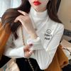 Nueva camiseta a juego para otoño e invierno 2023, estilo coreano, camisa de terciopelo con cuello alto y manga larga para mujer, camiseta bordada ajustada