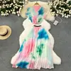 [Liquidação] conjunto moda feminina estampado manga curta comprimento médio saia plissada slim duas peças saia longa plissada