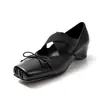 Sapatos de Ballet Aumentadores de Altura com Interior de Pele de Ovelha para Mulheres, Sapatos Mary Jane, Novo Estilo Primavera e Verão, Couro Genuíno, Laço, Bico Quadrado, Sapatos de Salto Baixo para Mulheres