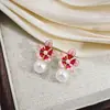 Pendientes de Perla Flor Gota de Aceite Esmalte Francés Diseño Personalizado Pendientes Creativos Pétalos Rosas Azules Pendientes Elegantes para Mujer