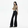 Jeans Preto Americano Flare de Alta Elasticidade de Cintura Baixa Que Não Gruda nas Pernas, Emagrecedor e Estiloso, Comprimento Estendido para a Primavera