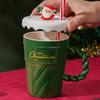 Taza Navideña Americana Papá Noel Árbol de Navidad Cerámica Taza de Regalo con Tapa y Pajita para Hombres y Mujeres Taza para Parejas