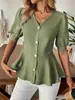 Nova Roupa Feminina Europeia e Americana Tk Transfronteiriça Camisa de Verão Elegante Decote V Mangas Curtas Bufantes Cor Sólida Efeito Emagrecedor Top com Forro